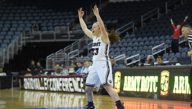 Belmont's Darby Maggard throws her hands up after making one of her four 3-pointers in the Bruins OVC Tournament semifinal win over Jacksonville State Friday.