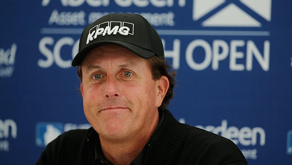 Phil Mickelson talks to reporters Wednesday in Aberdeen, Scotland.