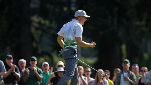 Oregon's Aaron Wise celebrates a birdie on the 17th hole at the NCAA Division I men's college golf championship at Eugene Country Club in Eugene, Ore., Monday, May 30, 2016. (Brian Davies/The Register-Guard via AP) MANDATORY CREDIT