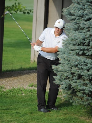 Anthony Zachman works the ball from the rough behind a pine tree on the third hole at Kampen Saturday morning as the Men's City golf championship continues.