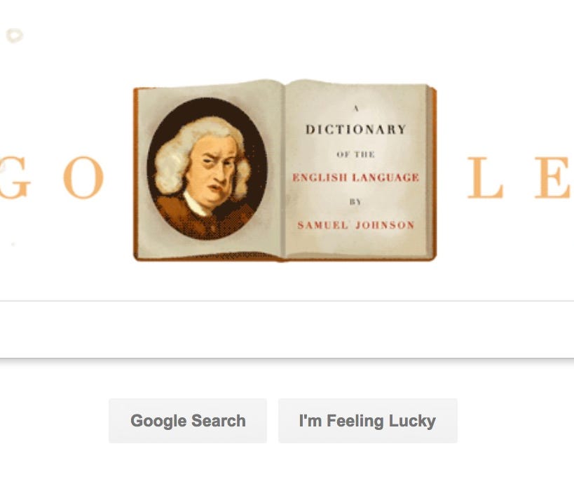 A Google doodle honoring Samuel Johnson, who create 'A Dictionary of the English Language.'