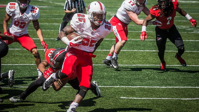 Ball State players face off in the team's Spring game at Scheumann Stadium Saturday, April 23, 2016.