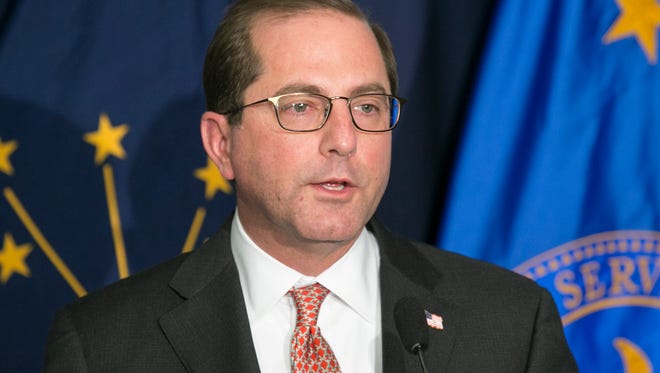 Alex Azar, U.S. Secretary of Health and Human Services, speaks at a meeting in Indiana to address the federal approval going forward of the in-place Healthy Indiana Plan, Eskenazi Hospital, Indianapolis, Friday, Feb. 2, 2018. Part of the plan includes as much as $80 million to be spent addressing the opioid epidemic in Indiana. 