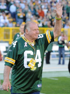 Green Bay Packers great Jerry Kramer is introduced at halftime during the Green Bay Packers and Denver Broncos game at Lambeau Field on Sunday, Oct. 2, 2011.