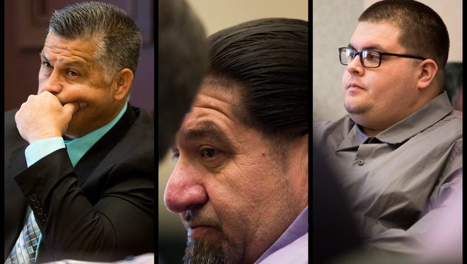 Defendants Andres Perez, from left, Henry Contreras and his son Johnathan Contreras, all of Immokalee, who are accused of committing a string of robberies in the Naples and Orlando areas in 2014, listen to opening statements and prosecution testimony in Orlando on Thursday, May 4, 2017.