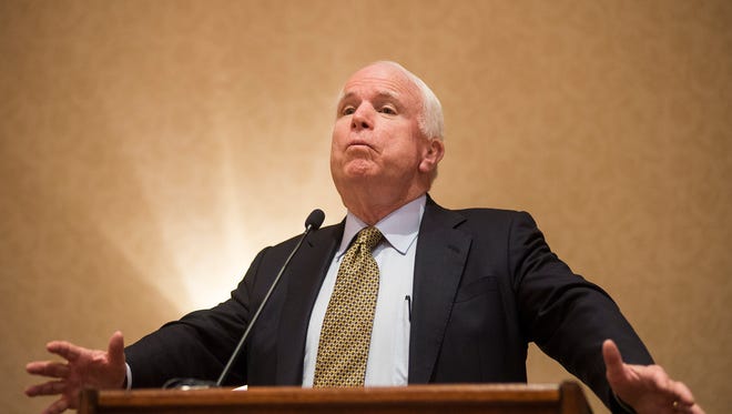 Sen. John McCain, shown here speaking  Monday at the Marine Corps League National Convention at the Scottsdale Plaza Resort, has some fresh criticism for 2016 Republican front-runner Donald Trump.