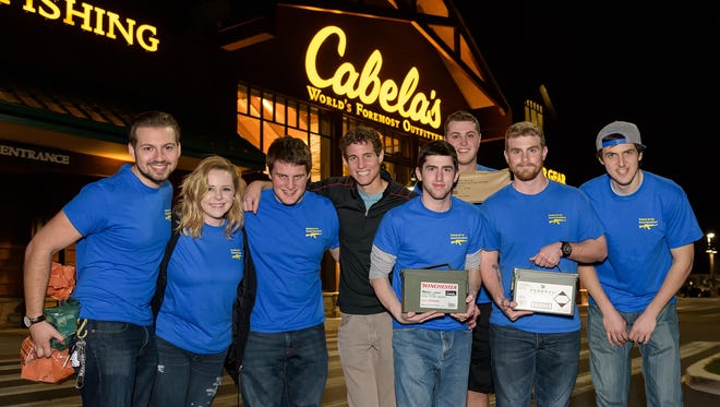 (left to right) Matthew Tuszynski, Zoe Callaway,  Andrew Lipman, Aaron Cooper, Tyler Yzaguirre, Tyler Wittlinger, Brandon Collins and Kenny Paul   purchase bulk 7.62, 9mm, and .38 special ammunition. The Students for the Second Amendment Club at the University of Delaware purchase ammunition at Cabelas at the Christiana Mall on Thursday night.