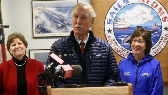 Sen. Angus King speaks at a May 2019 press conference with Sen. Jeanne Shaheen, left, and Sen. Susan Collins after they and other dignitaries toured Portsmouth Naval Shipyard.