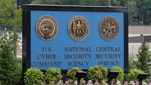 This sign stands outside the National Security Agency's campus in Ft.  Meade, Md. The agency collects information on some Americans' phone calls in efforts to thwart terrorist activity.