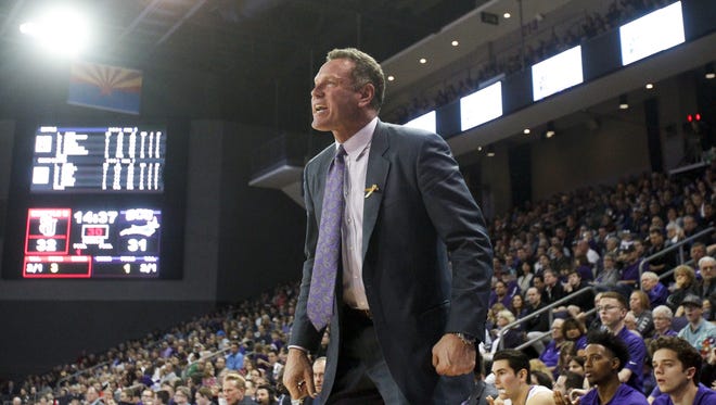 GCU head coach Dan Majerle reacts to a traveling call against his team during a game against Seattle University at GCU Arena in Phoenix on Saturday, Jan. 21, 2017.