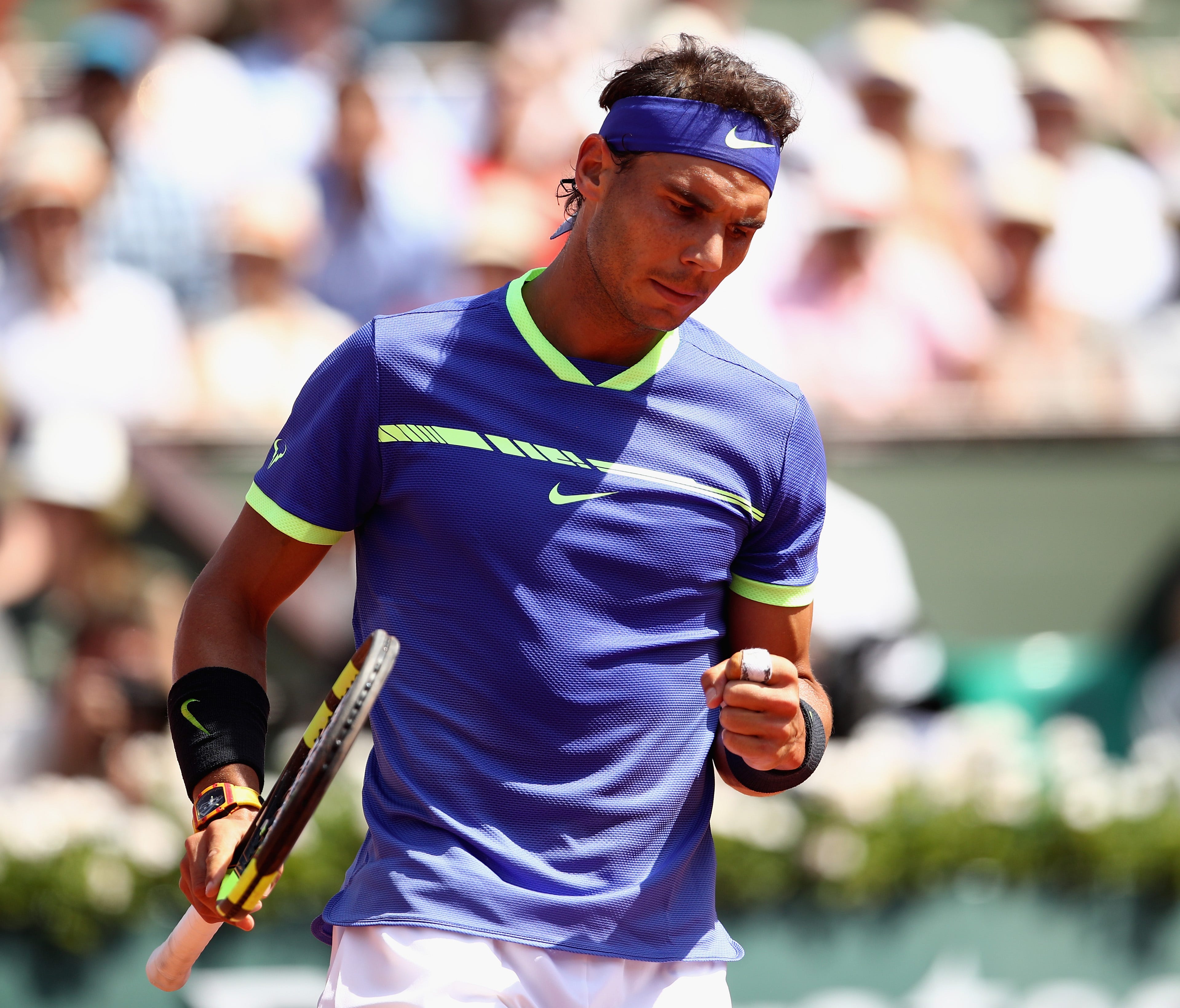 Rafael Nadal of Spain celebrates a point during the men's singles final match against Stan Wawrinka of Switzerland on day fifteen of the 2017 French Open at Roland Garros on June 11.