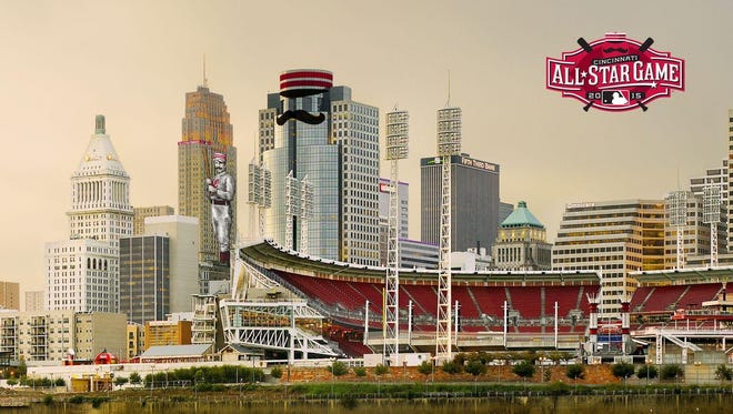 A rendering of the 30-story tall baseball player projection and All-Star Game signage that will be featured on Carew Tower. Installation has already begun. Also visible here, Mr. Redlegs’ trademark pillbox hat and mustache on the Scripps Center.