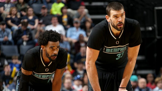 “Communication is a great thing. We’ve never had to address that with the media,” said Marc Gasol (right), with Mike Conley during play against the Houston Rockets Saturday at FedExForum. “... We play with great intensity, a lot of passion and lot of emotion.”