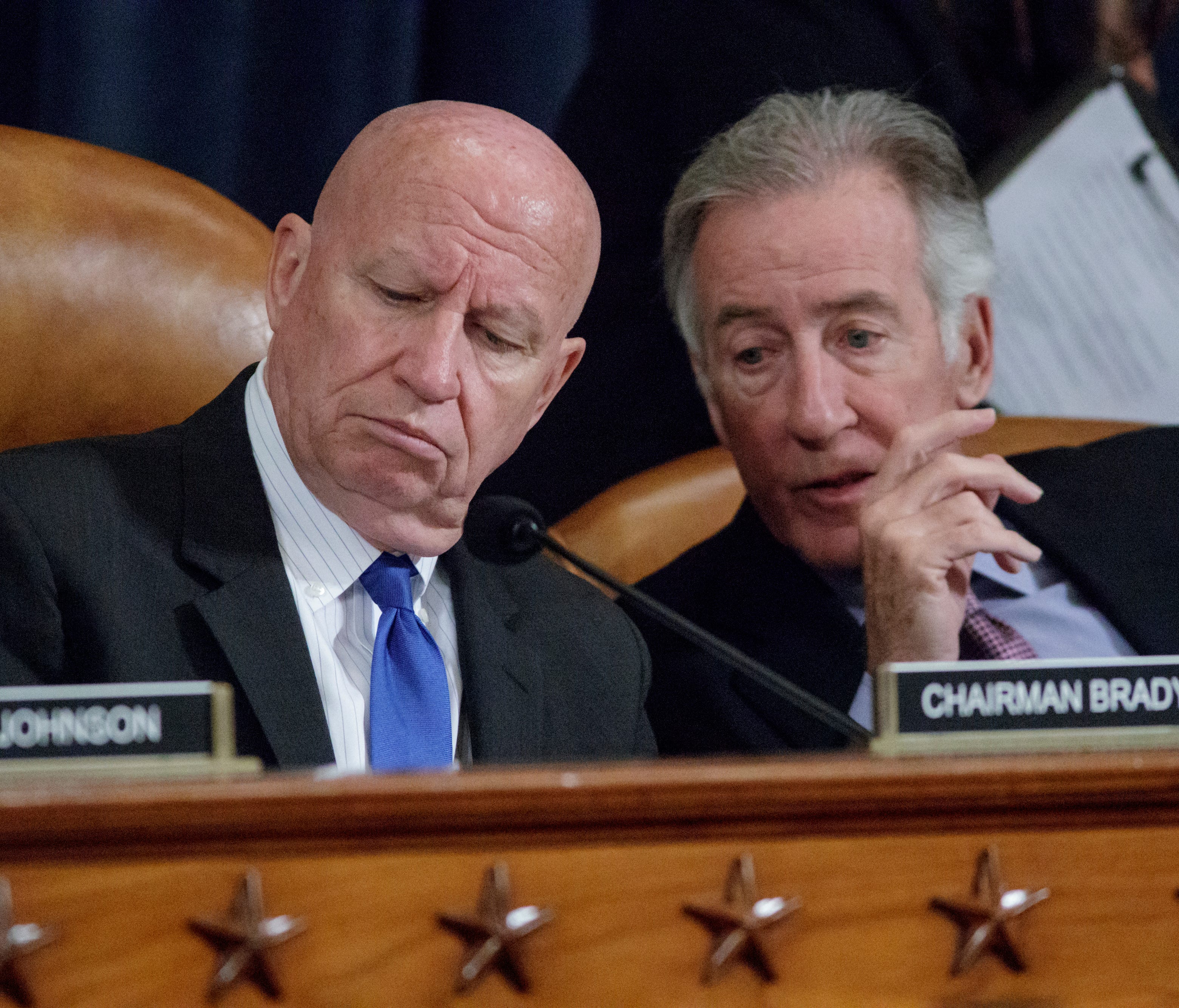House Ways and Means Committee Chairman Rep. Kevin Brady, R-Texas, left, listens to the committee's ranking member, Rep. Richard Neal, D-Mass., on Capitol Hill in Washington, Wednesday, March 8, 2017, as the committee began markup of the long-awaited