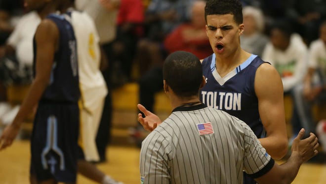 Michael Porter Jr. of Father Tolton Catholic argues with an official during the City of Palms Classic.