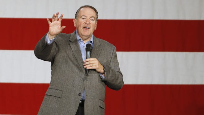 Republican presidential candidate Mike Huckabee speaks Saturday, Oct. 31, 2015, during the Growth and Opportunity Party at the Iowa State Fairgrounds in Des Moines.