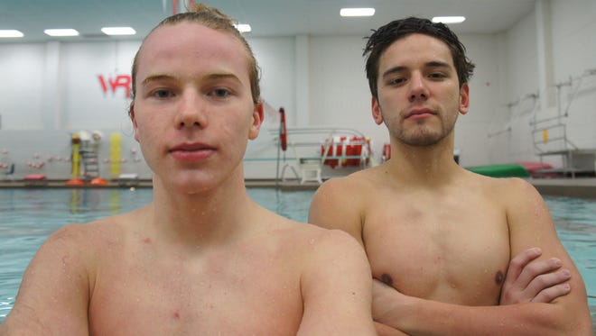 Wisconsin Rapids junior Dylan Engelbright, left, and senior Drake Blossfield led the Raiders to a third place finish at the WVC meet February 2, 2017.
