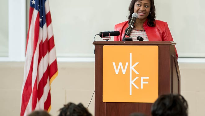 In this 2017 photo, W.K. Kellogg Foundation CEO La June Montgomery Tabron speaks during the announcement of a $51 million, 5-year grant to Battle Creek Public Schools to boost educational outcomes within the district.