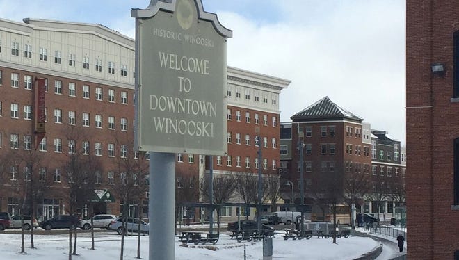 A sign welcoming visitors to Winooski stands approximately at the site proposed for a new hotel.
Photographed Feb. 10, 2017.