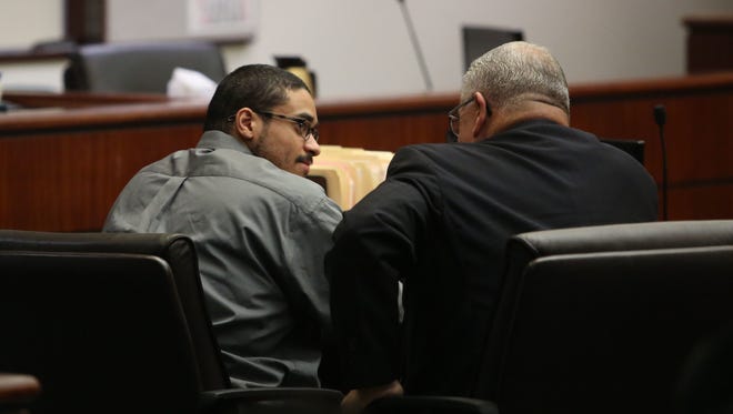 John Hernandez Felix, left, is seen at a court hearing in Indio to determine 
his mental competence.