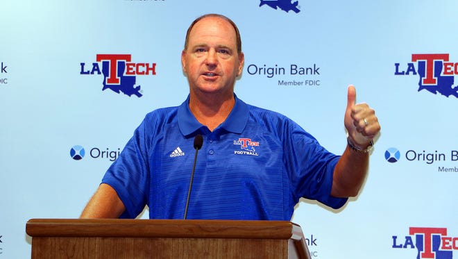 Louisiana Tech coach Skip Holtz addresses the media at report day for the Bulldogs on Sunday.