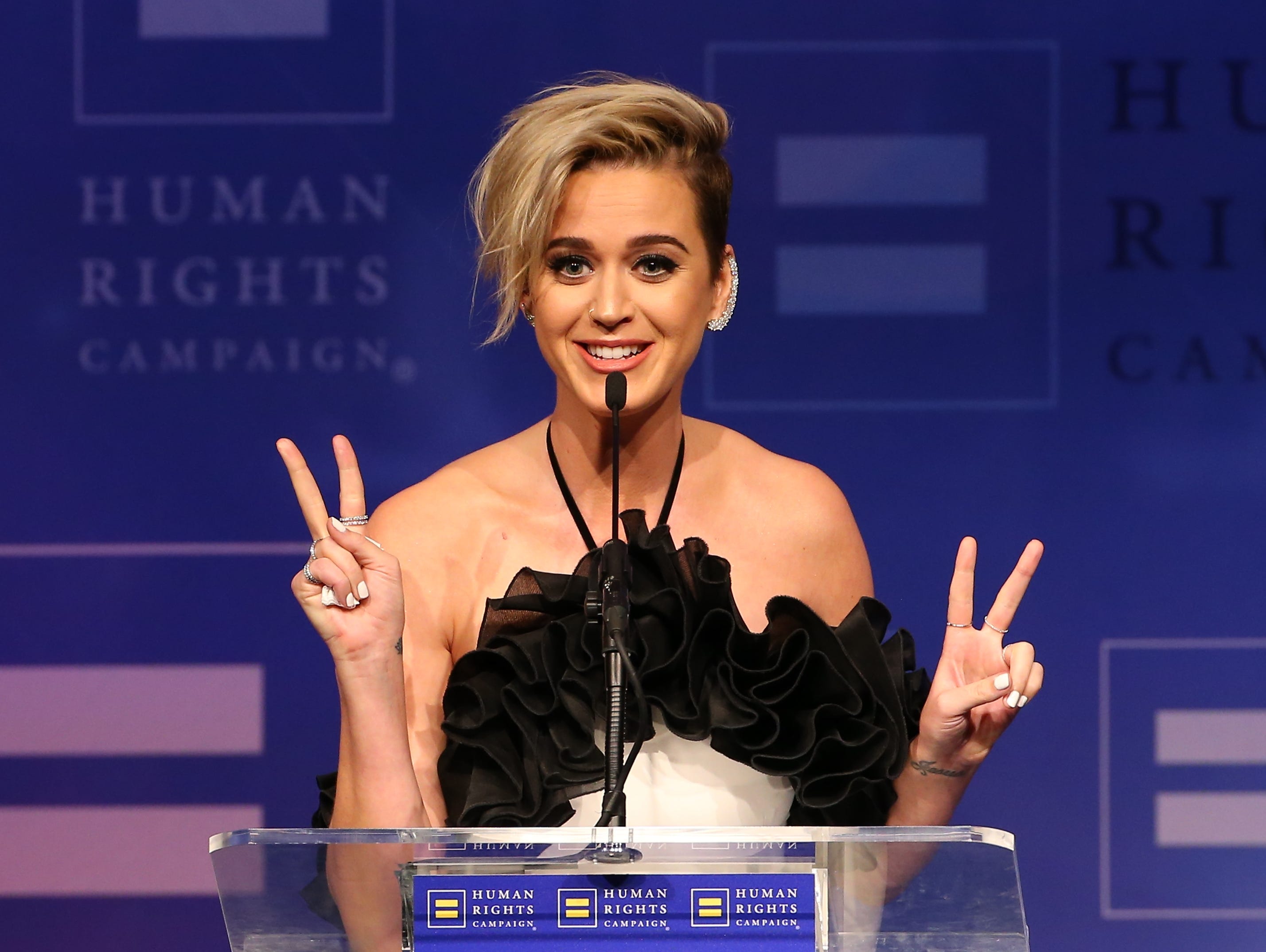 Katy Perry takes the podium at Human Rights Campaign's Los Angeles gala.