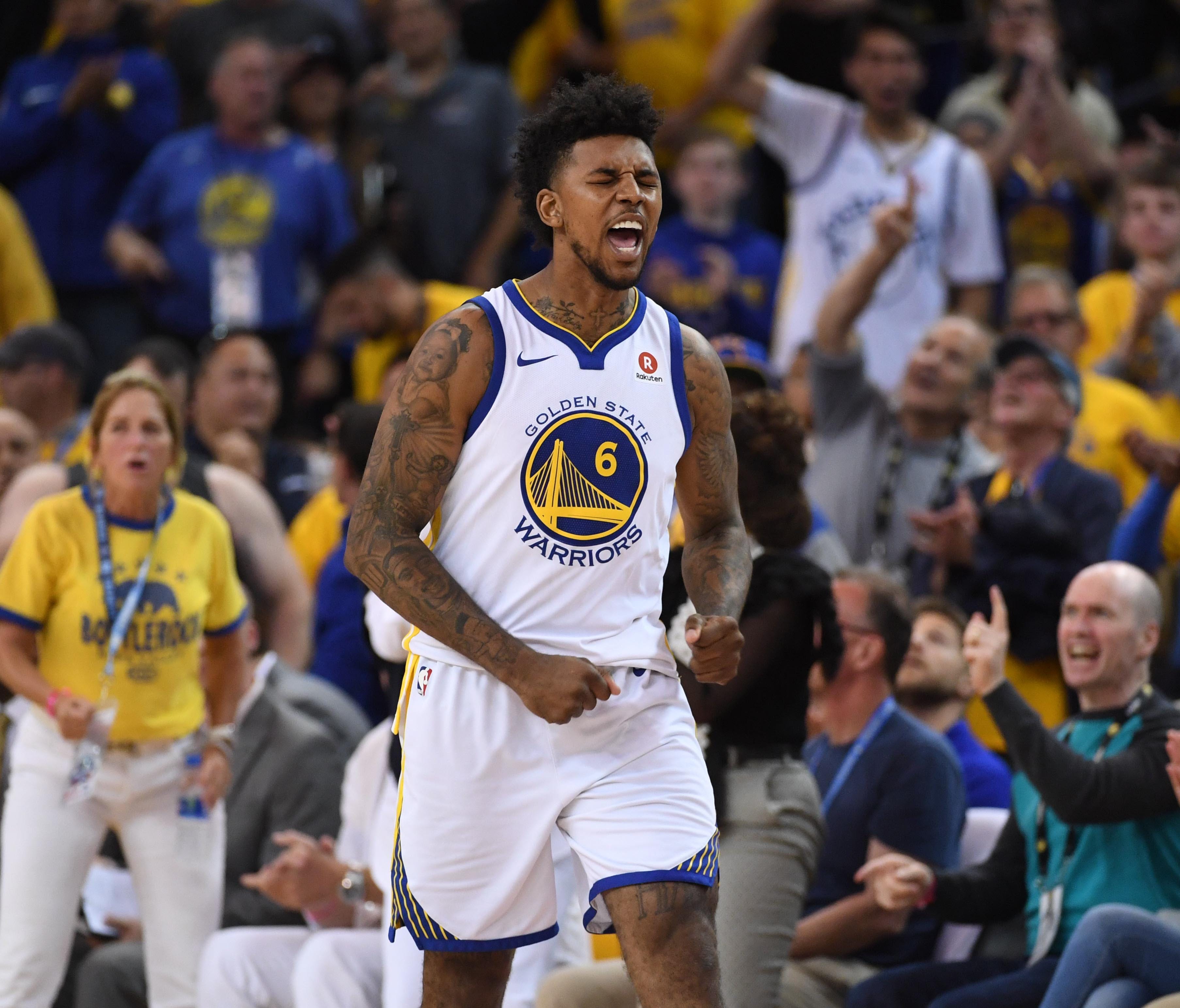 Golden State Warriors guard Nick Young (6) reacts against the Houston Rockets in the second half of Game 6.