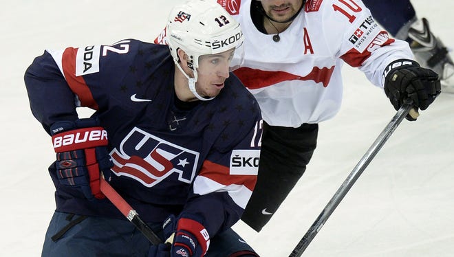 Kevin Hayes, left, plays in the IIHF International Ice Hockey World Championship in Minsk on May 10.