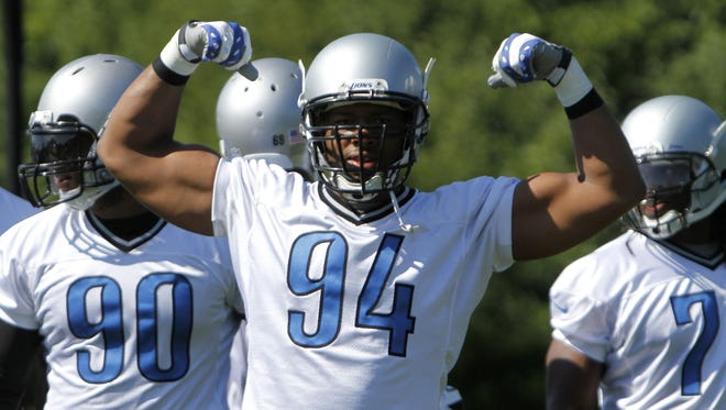 Defensive lineman Lawrence Jackson poses after completing a drill during Lions minicamp in June 2012 in Allen Park. Jackson played for the Seattle Seahawks in 2008-09 and the Lions in 2010-12, recording 191/2 sacks.