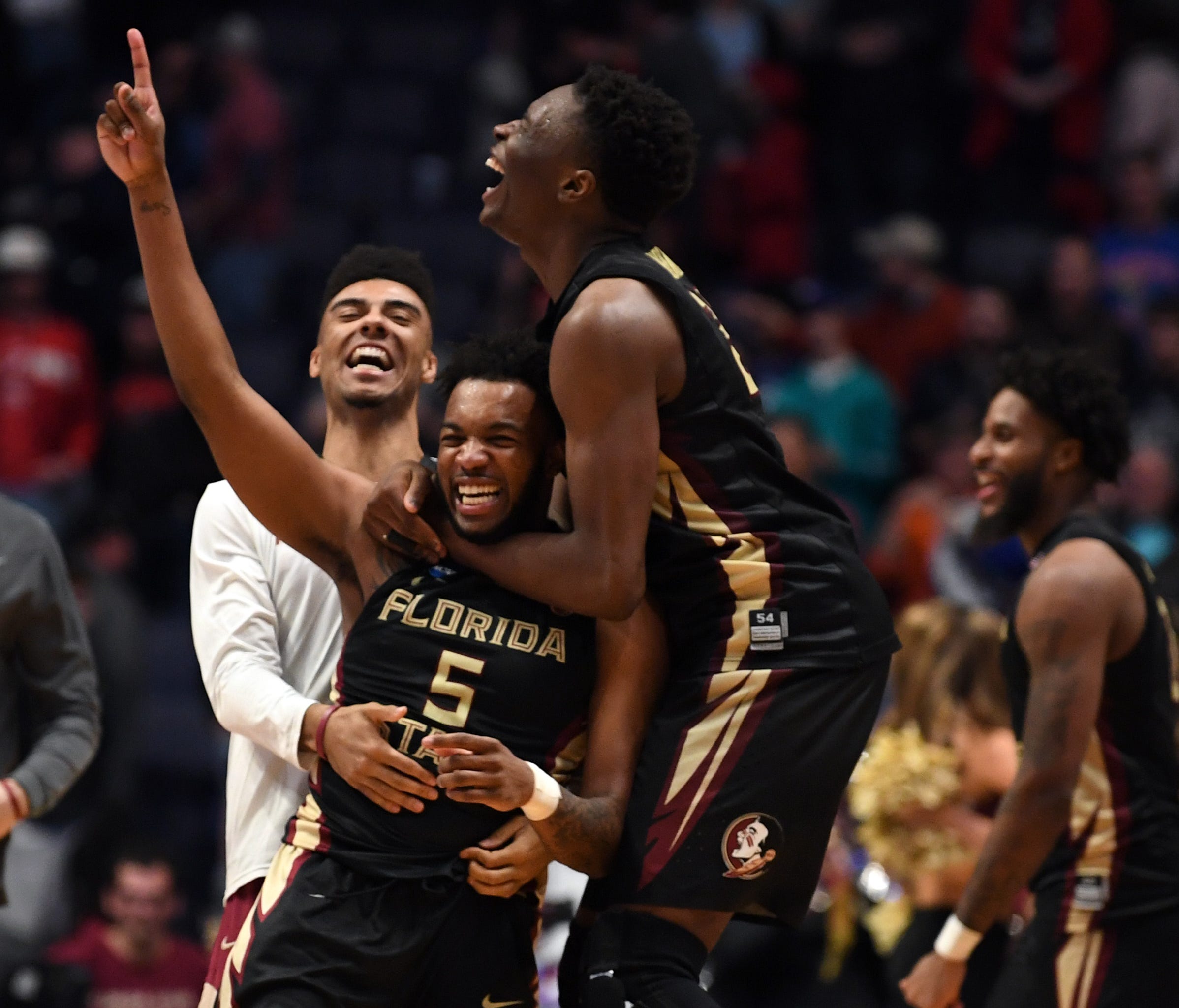 Florida State Seminoles guard PJ Savoy (5) celebrates after defeating the Xavier Musketeers in the second round of the 2018 NCAA Tournament at Bridgestone Arena.
