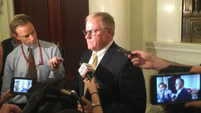 State Sen. Scott Wagner, R-Spring Garden Township, speaks to reporters Monday, June 4 after delivering his farewell address on the Senate floor. Wagner resigned to focus on his gubernatorial campaign. (David Weissman photo)