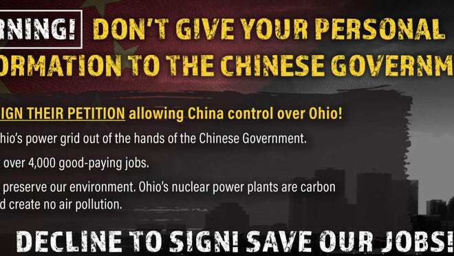 The Ohioans for Energy Security website issued this warning in 2019. In truth, the Chinese government had nothing to do with efforts to put House Bill 6 on the state ballot.