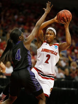 Louisville's Myisha Hines-Allen lead all scorers in today's NCAA tournament battle agisnt Central Arkansas with 25 points. March 18, 2016.