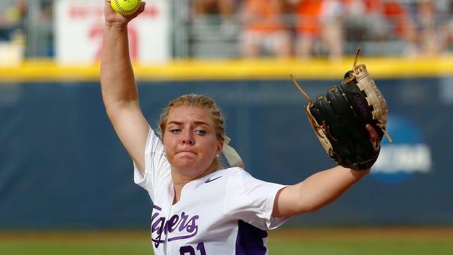LSU's Carley Hoover pitches in the first inning Friday against Florida in the Women's College World Series at Oklahoma City.