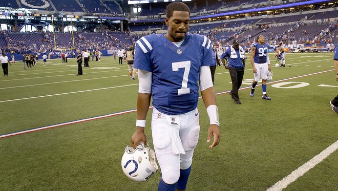 Indianapolis Colts quarterback Jacoby Brissett (7) walks off the field following their game at Lucas Oil Stadium Sunday, Sept, 17, 2017. The Colts lost to the Cardinals 16-13 in overtime.