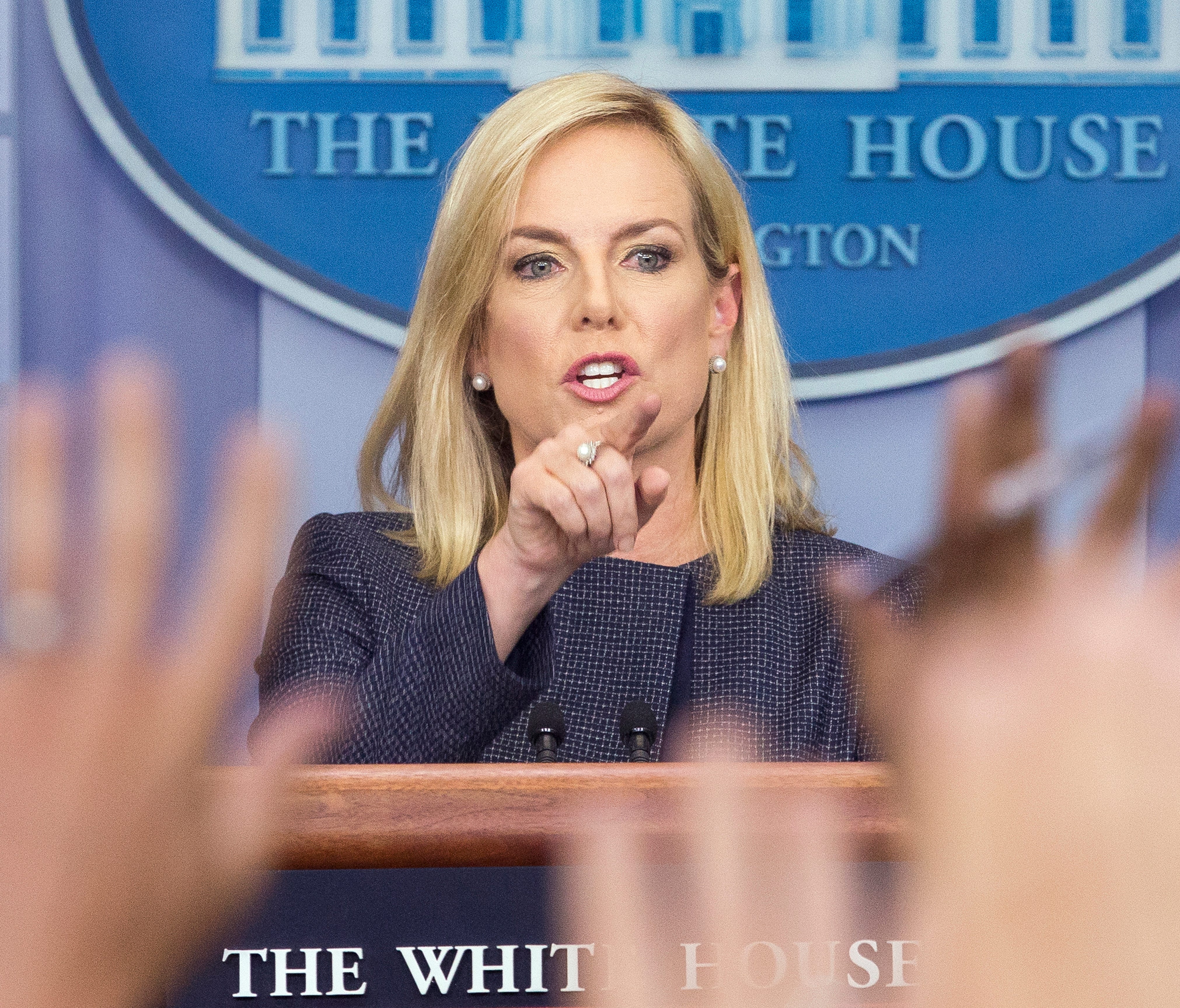 Department of Homeland Security Secretary Kirstjen Nielsen participates in a news conference at the White House in which she faced questions on the Trump administration's 