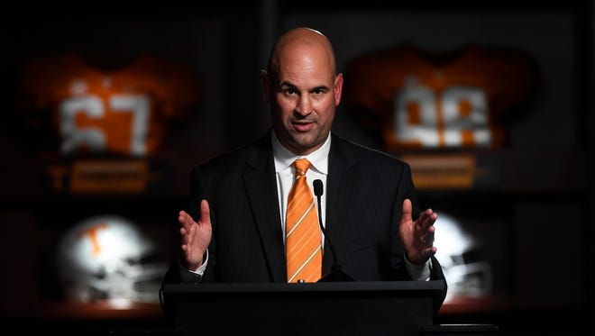 A sign stands in the ___before the introduction ceremony of Jeremy Pruitt as Tennessee's next head football coach at the Neyland Stadium Peyton Manning Locker Room in Knoxville, Tenn. on Thursday, December 7, 2017.