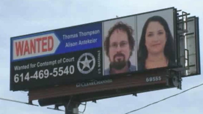 This image from undated video provided by WSYX-TV shows the wanted billboard for fugitives Tommy Thompson and Alison Antekeier.(AP)