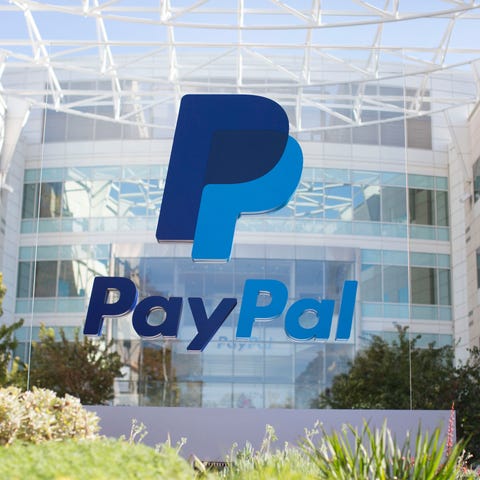 The PayPal logo in the courtyard of an office buil