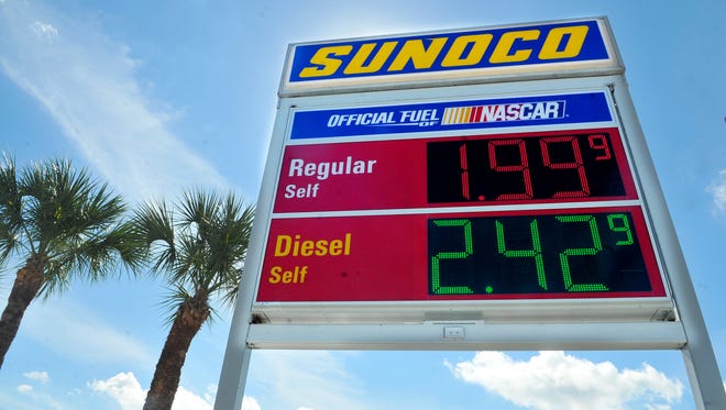 Gas prices below $2. 00 a gallon at the Sunoco station on Courtenay Pkwy Merritt Island , Brevard County Commissioner Barfield would like raise the sale tax by 6 cents a gallon .