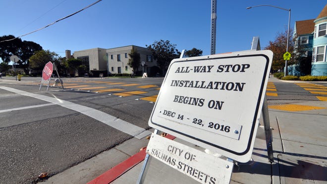 The intersection of Capitol  and W. Alisal streets in Salinas, where the city is installing signage requiring traffic to make a 4-way stop.