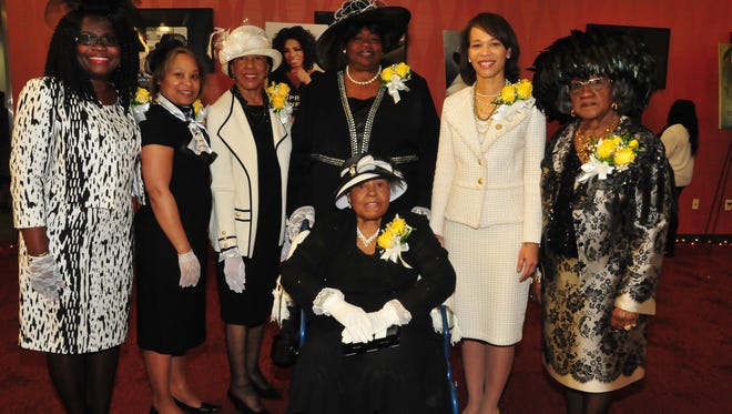 The co-chairs of the 2017 First Lady’s Hats and Gloves Tea with this year’s honorees:  Mary Maloy Scott (front) and standing, from left; co-chair Enid Wallace-Simms, DSU First Lady Robin Williams, honorees Lozelle De Luz, Bernice Edwards, U.S. Rep. Lisa Blunt Rochester and co-chair Virginia L. Carson.