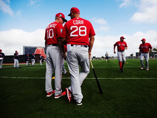 Boston Red Sox manager, Alex Cora talks with Red Sox