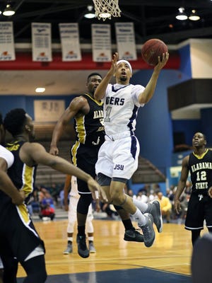 JSU guard Chace Franklin (1) led all scorers with 21 points in the Tigers' 68-61 victory against Alabama State.