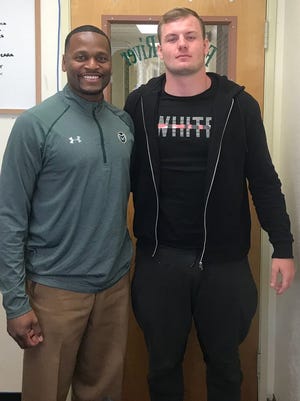 Jan Bombek, right, is pictured with CSU receivers coach Alvis Whitted during a visit Whitted made to Bombek's junior college in Quincy, California. Bombek said Tuesday he'll sign with the Rams next month.