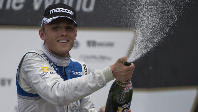 Max Chilton finished third in an Indy Lights race at Indianapolis Motor Speedway.