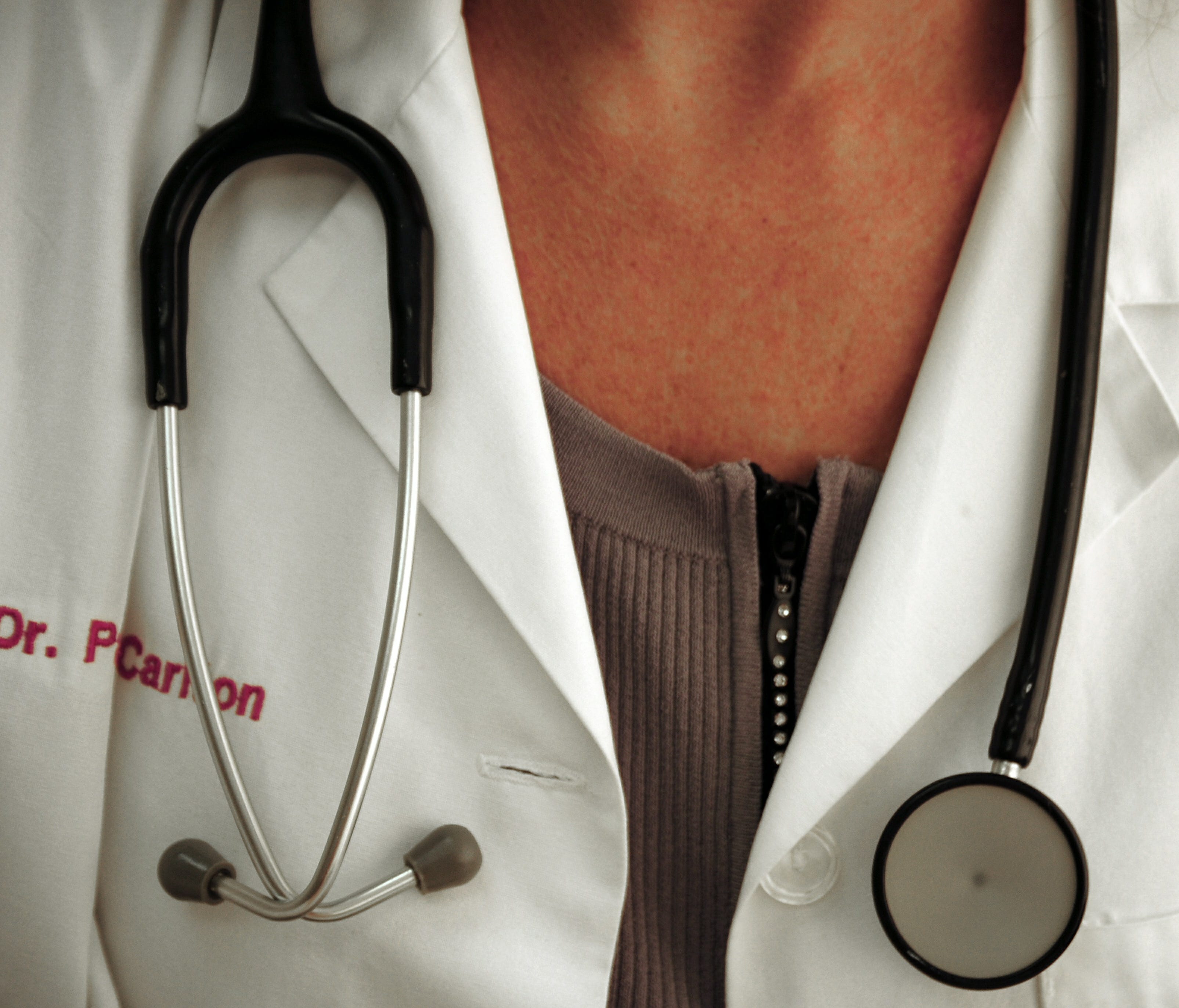 A physician with stethoscope poses.  A new study shows the hospital patients of female physicians are less likely to die than those treated by male physicians.