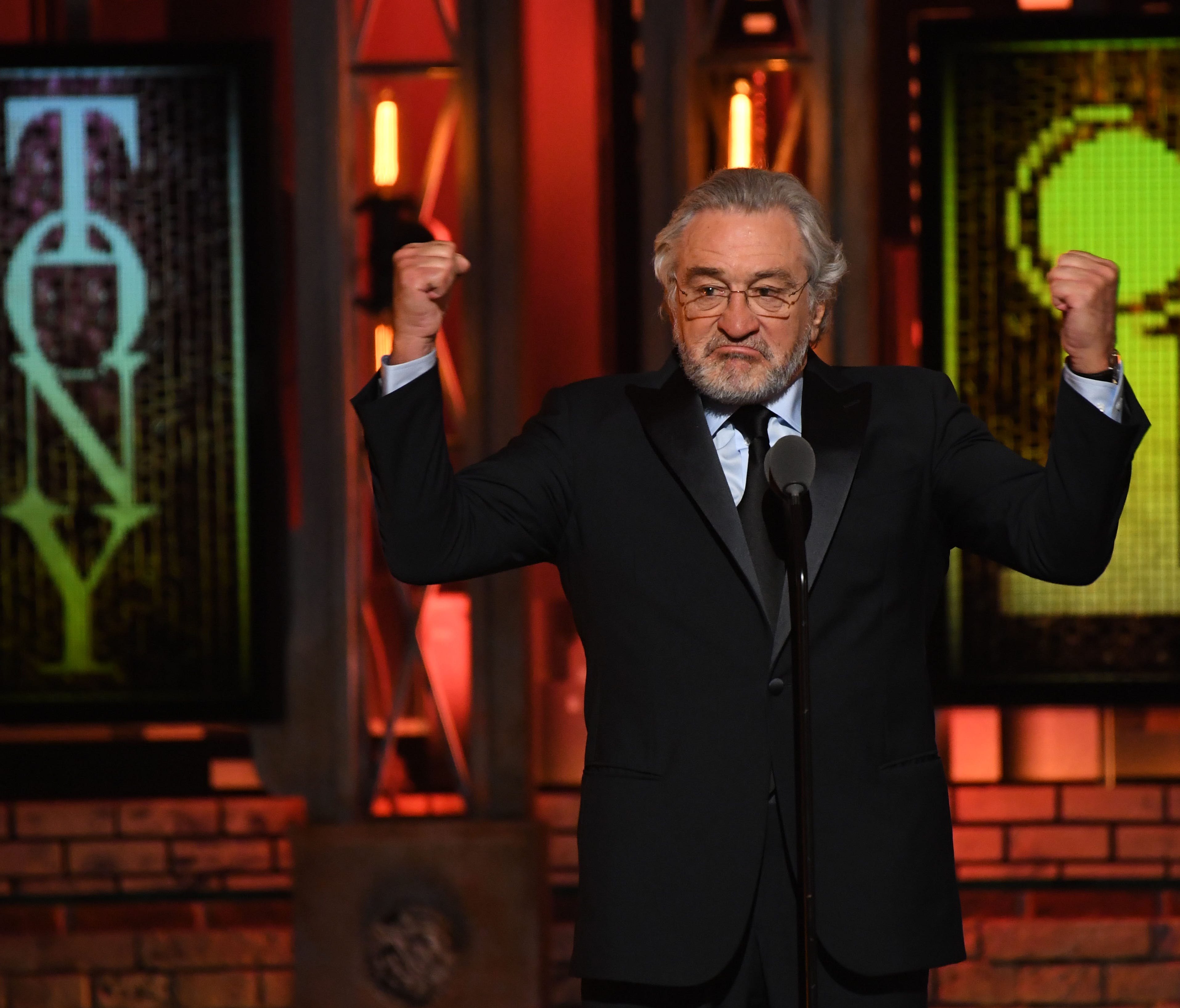 Robert De Niro delivers a speech partially censored from the broadcast during his introduction of a performance by Bruce Springsteen at the 72nd Tony Awards at Radio City Music Hall.