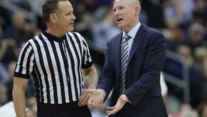 Feb 22, 2017; Newark, NJ, USA; Seton Hall Pirates head coach Kevin Willard pleads with an official after a call during the second half at Prudential Center. Seton Hall won 71-64. Mandatory Credit: Vincent Carchietta-USA TODAY Sports