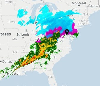 The USA TODAY Weather page shows a storm moving across the United States on Wednesday, Feb. 7, 2018.